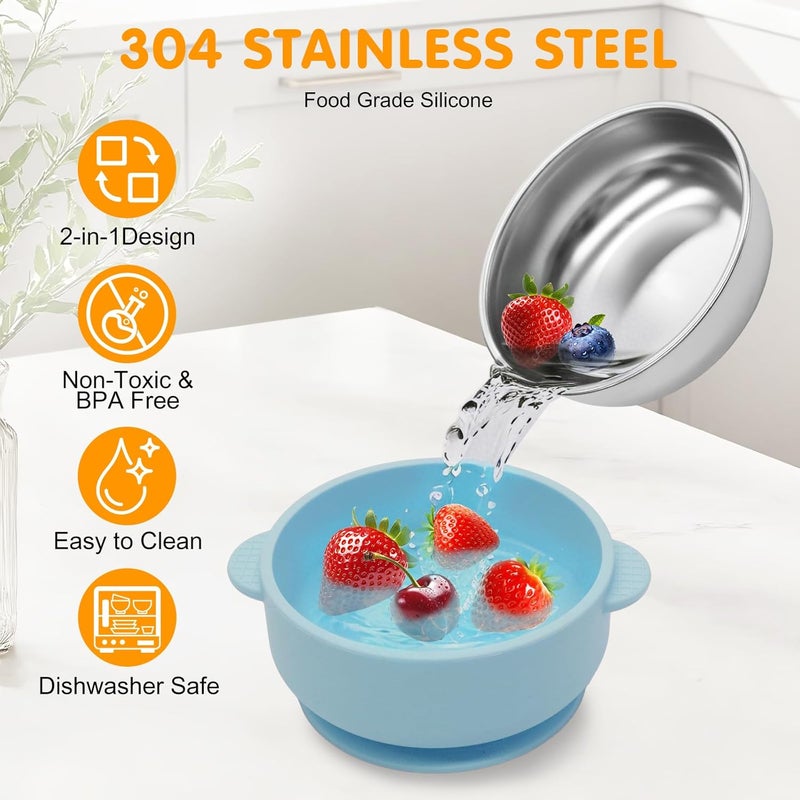 JVEOO 4 Pack Stainless Steel Baby Bowls with Suction, 2-in-1 SUS304 Toddlers Bowl & Removable Silicone Suction Kids Bowl Anti Scald Non Toxic Snack Container for Baby Food Feeding - Image 3
